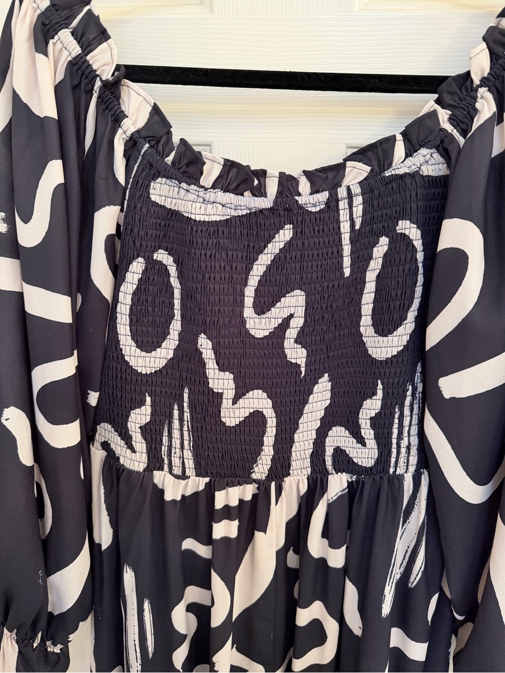 Off-Shoulder Black & White Patterned Maxi Dress with Side Slit - Picture 10 of 13